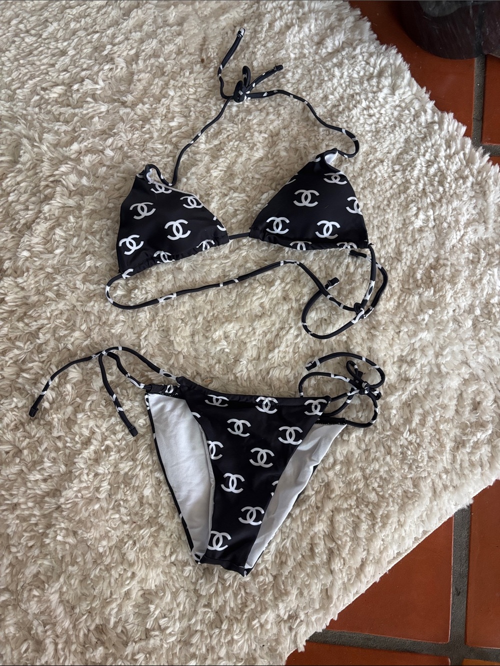 Source Unknown Black Bikini with White Logo Print